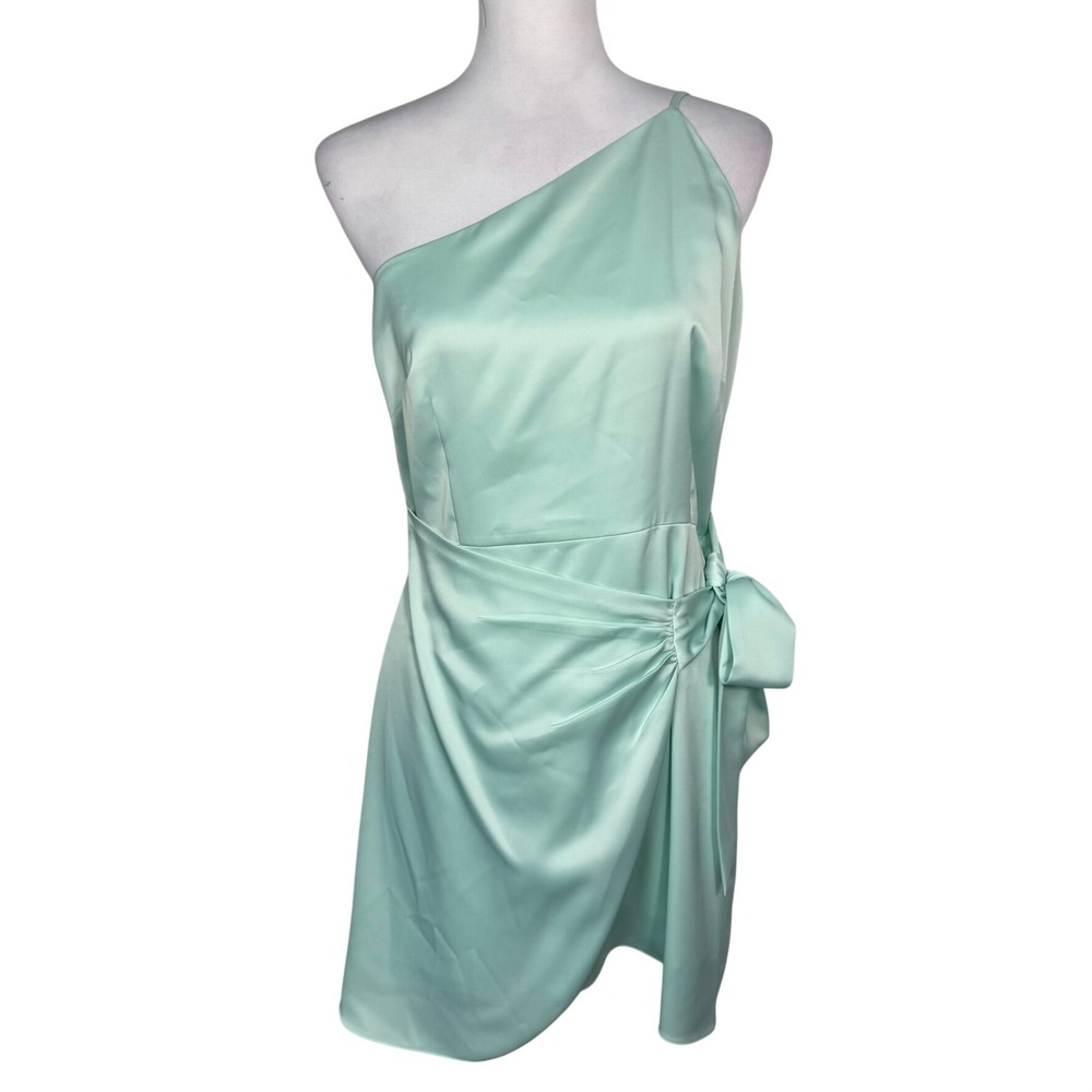 GIANNI BINI Women's 6 Mint Green Satin One Shoulder Wrap Mini Dress